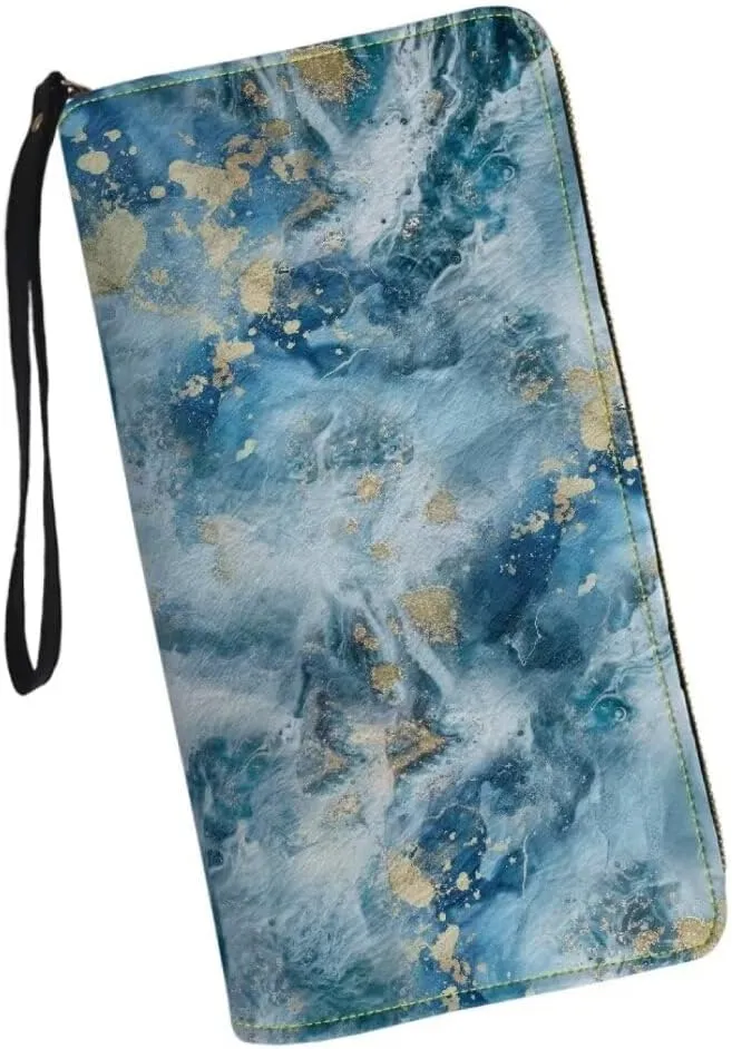 PU Leather Wristlet Wallet Blue White Marble Travel Purse with Zipper and Phone Holder Money Clips for Women Fashion Handbag