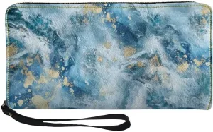 PU Leather Wristlet Wallet Blue White Marble Travel Purse with Zipper and Phone Holder Money Clips for Women Fashion Handbag