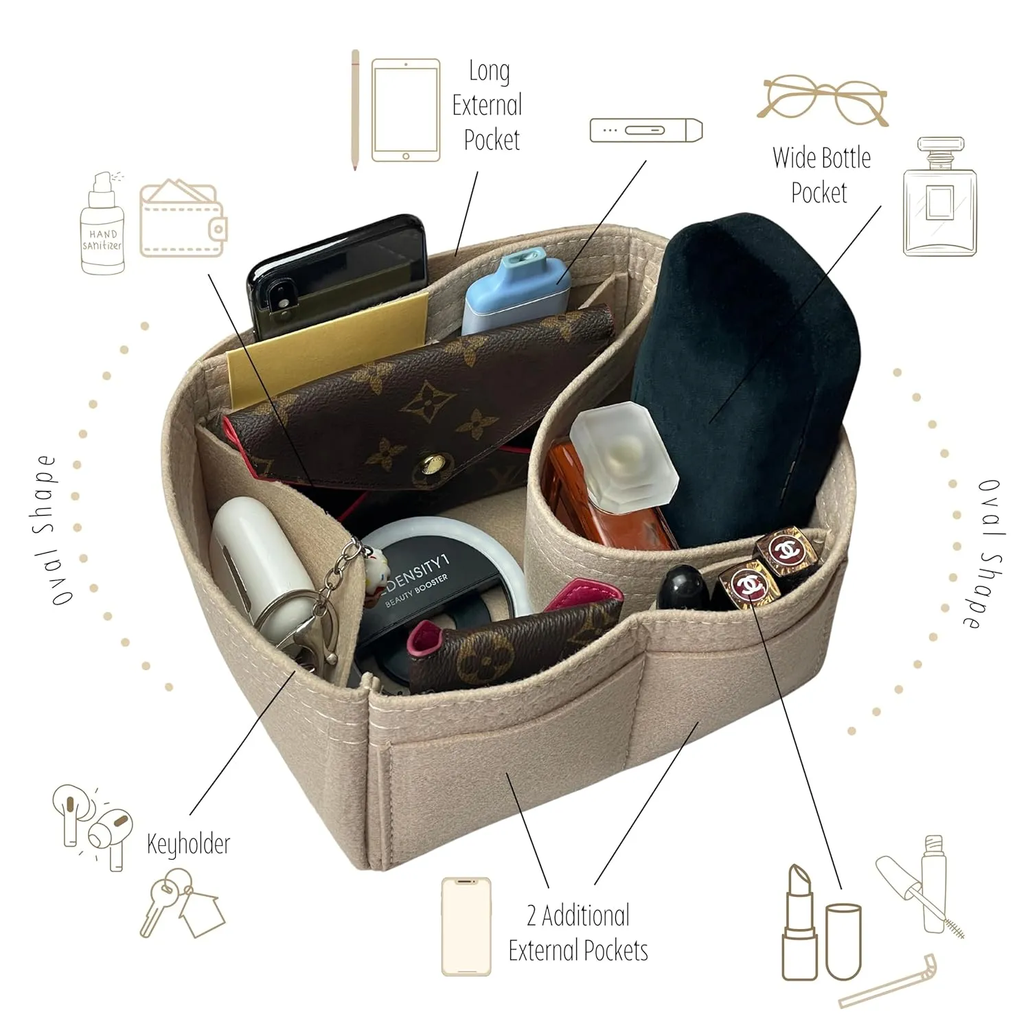 Purse Organizer compatible with Petit Flot Bucket Bag Organizer, fits PM Petit Float Insert, 2mm Thick Premium Felt Snug Sturdy (For Petit Flot PM, Beige)