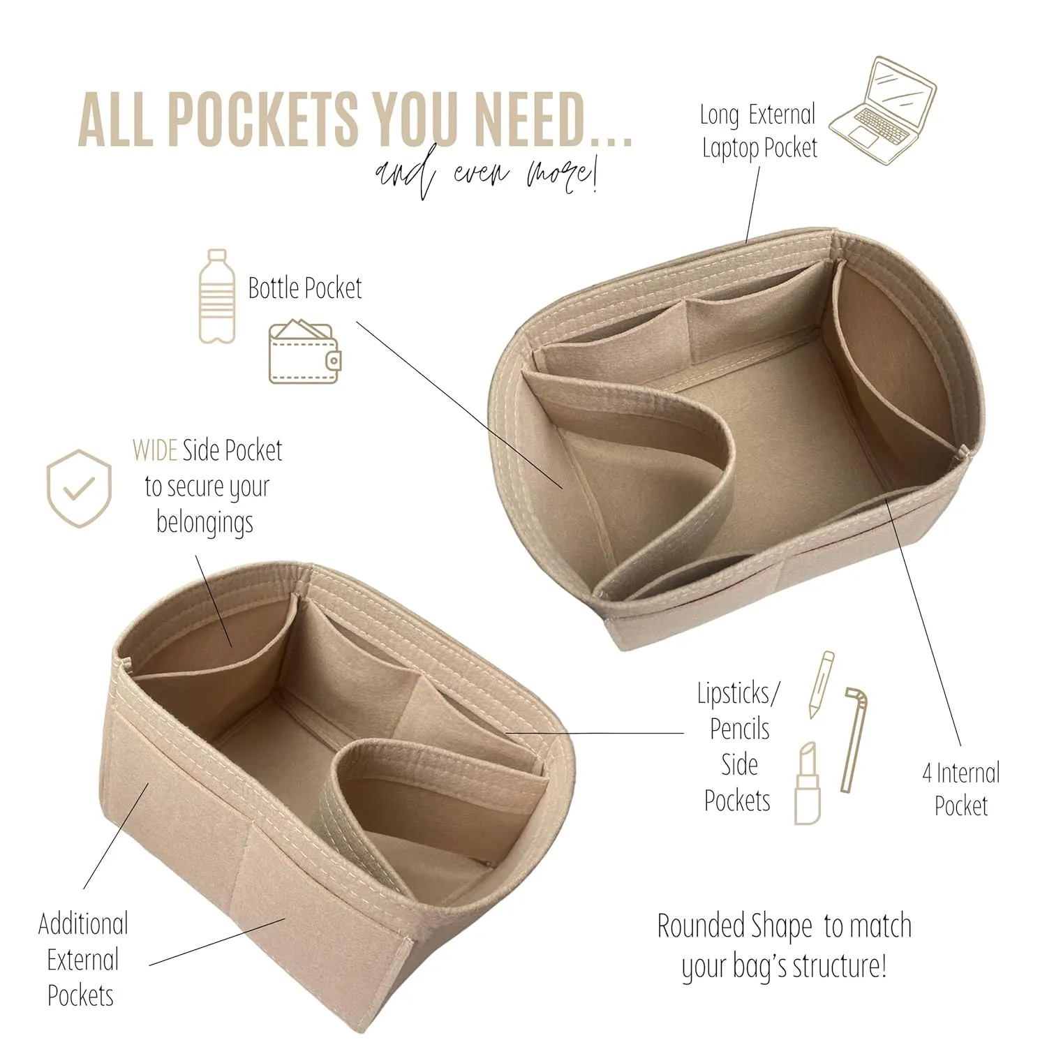 Purse Organizer compatible with Petit Flot Bucket Bag Organizer, fits PM Petit Float Insert, 2mm Thick Premium Felt Snug Sturdy (For Petit Flot PM, Beige)