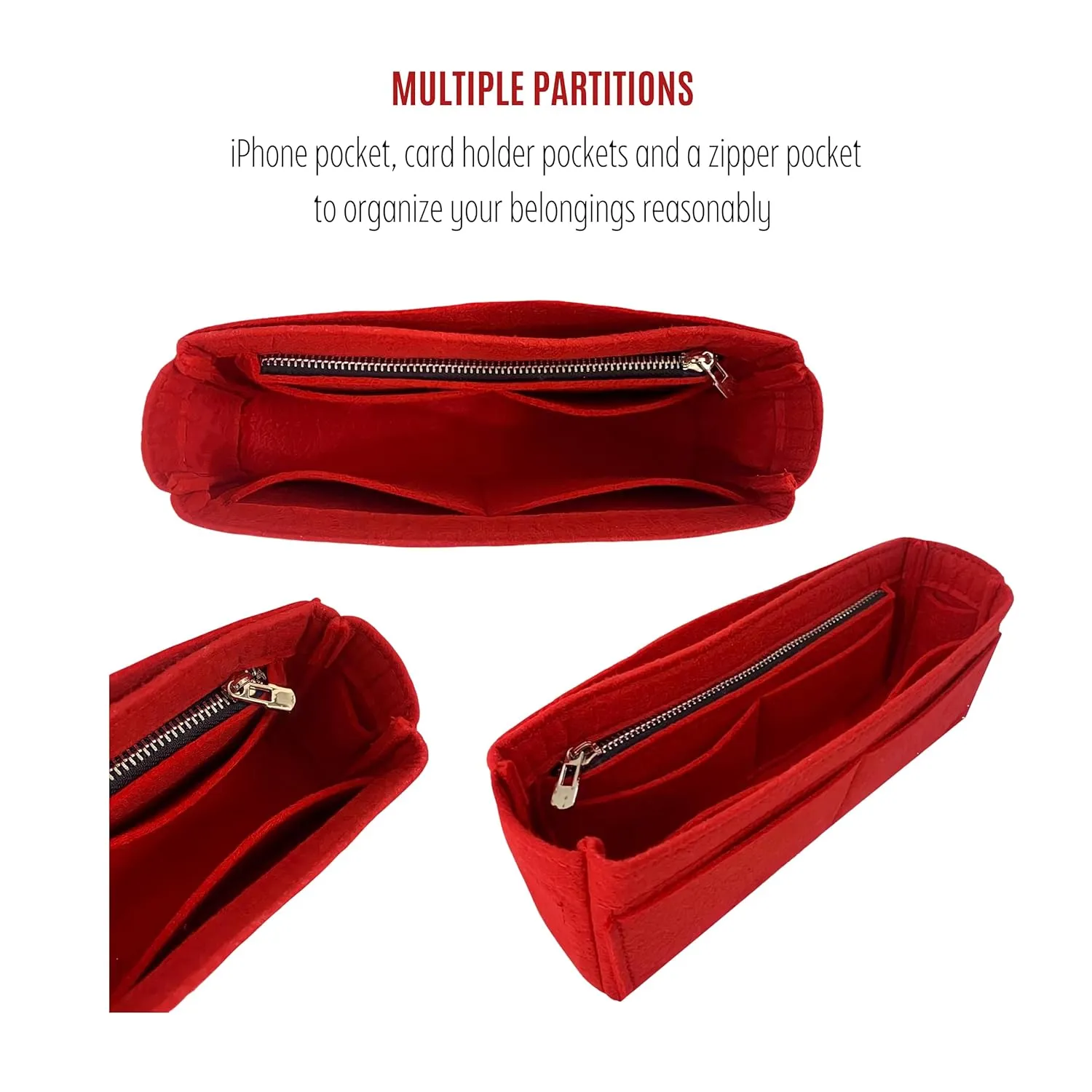 Purse Organizer for Fendi Baguette Bag Insert, Mini Baguette Bag Organizer, Large Baguette Medium, Handmade Snug Sturdy 2mm Thick Felt Gold Zipper (For Medium Baguette, Red)