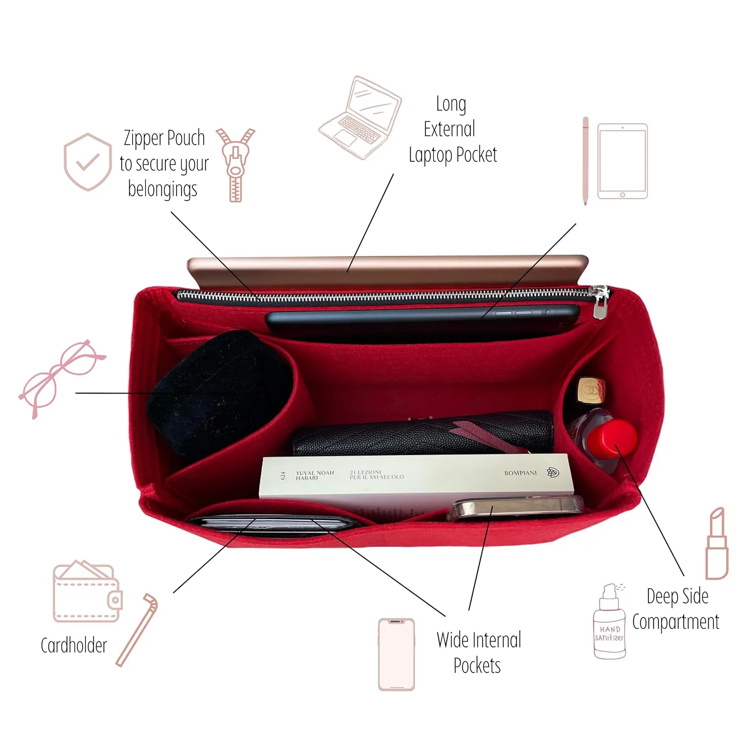 Purse Organizer for Lv Maida Hobo Bag Organizer, Maida Hobo Bag Insert Organizer, Handmade Snug Sturdy 2mm Felt with Gold Zipper (For Maida, Scarlet)