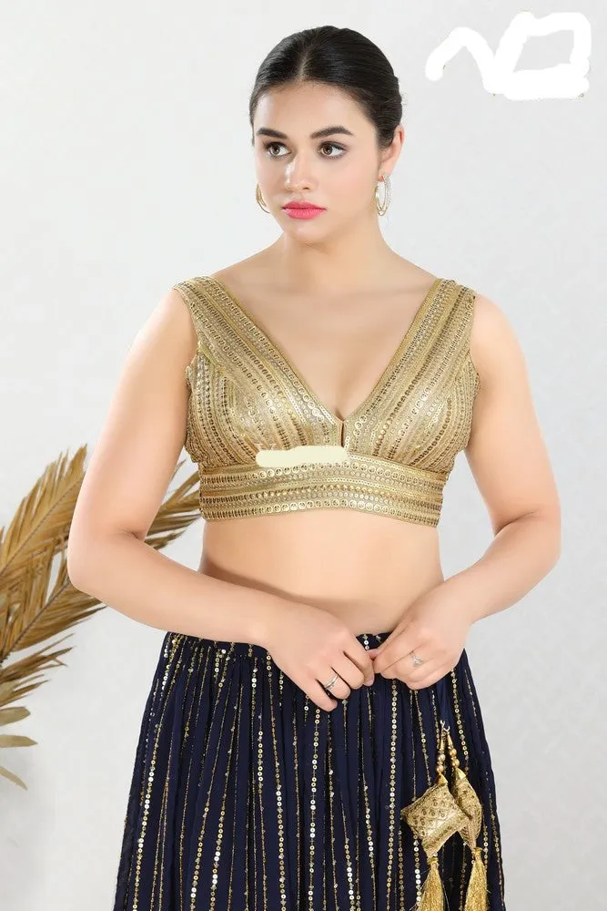 Readymade Net Padded Back Open Sleeveless Gold Saree Blouse