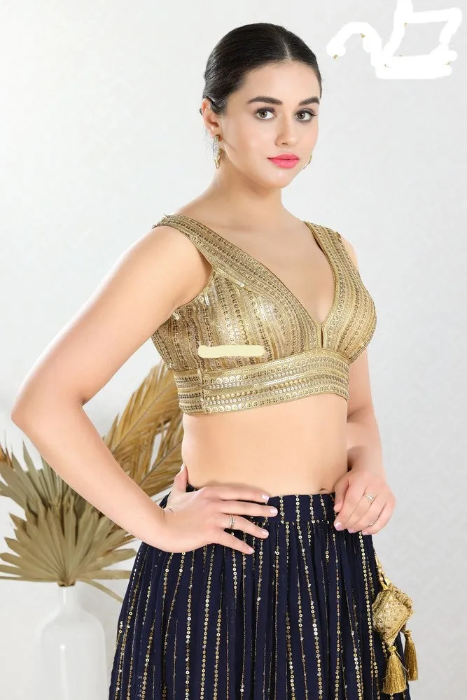 Readymade Net Padded Back Open Sleeveless Gold Saree Blouse