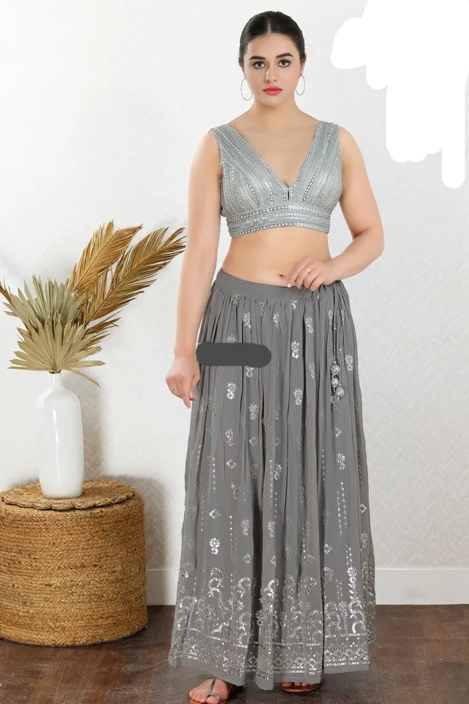 Readymade Net Padded Back Open Sleeveless Silver Saree Blouse
