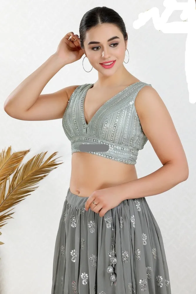 Readymade Net Padded Back Open Sleeveless Silver Saree Blouse