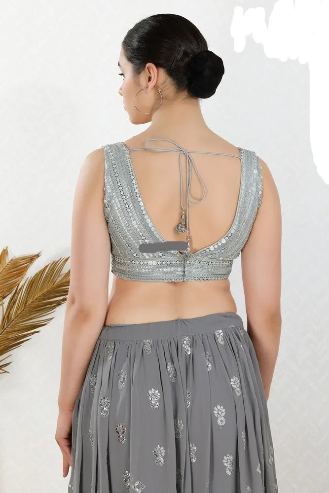 Readymade Net Padded Back Open Sleeveless Silver Saree Blouse