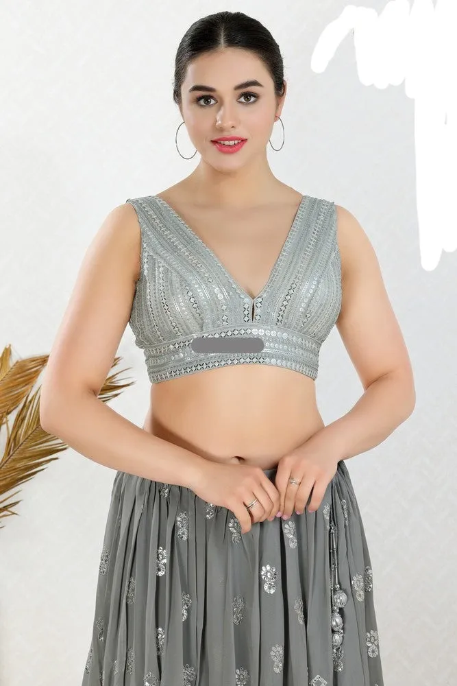 Readymade Net Padded Back Open Sleeveless Silver Saree Blouse