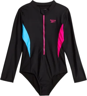 Reebok Girls' Rash Guard Bathing Suit - UPF 50  Quarter Zip Long Sleeve One Piece Bathing Suit - Monokini for Girls (7-12)