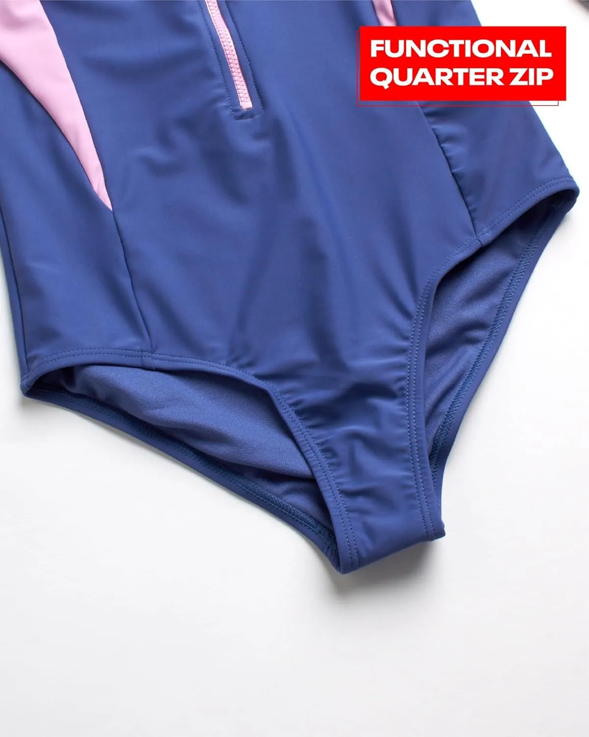 Reebok Girls' Rash Guard Bathing Suit - UPF 50  Quarter Zip Long Sleeve One Piece Bathing Suit - Monokini for Girls (7-12)