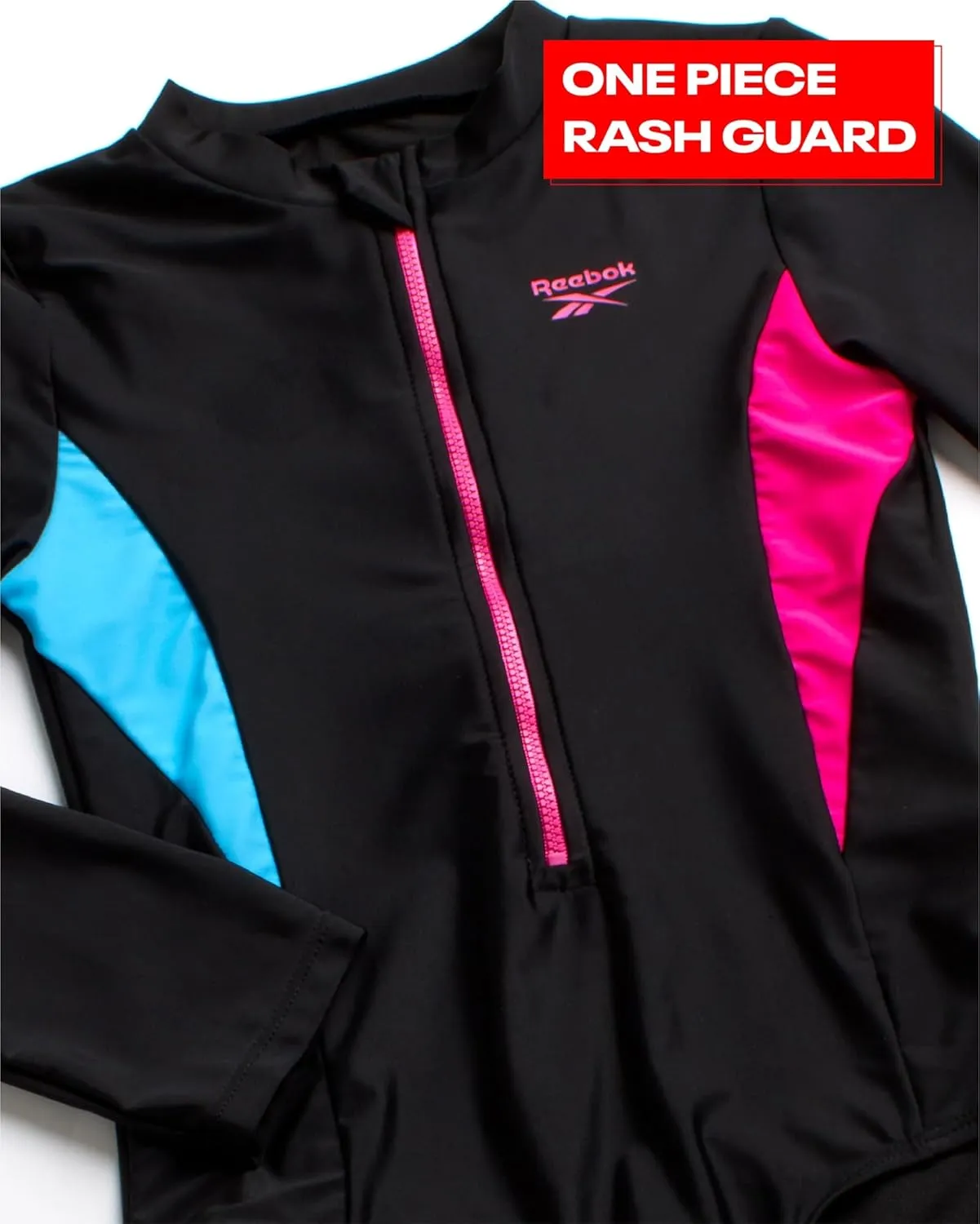 Reebok Girls' Rash Guard Bathing Suit - UPF 50  Quarter Zip Long Sleeve One Piece Bathing Suit - Monokini for Girls (7-12)