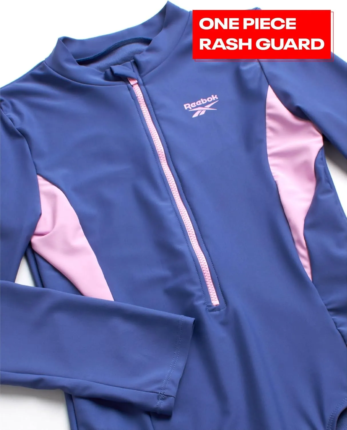 Reebok Girls' Rash Guard Bathing Suit - UPF 50  Quarter Zip Long Sleeve One Piece Bathing Suit - Monokini for Girls (7-12)