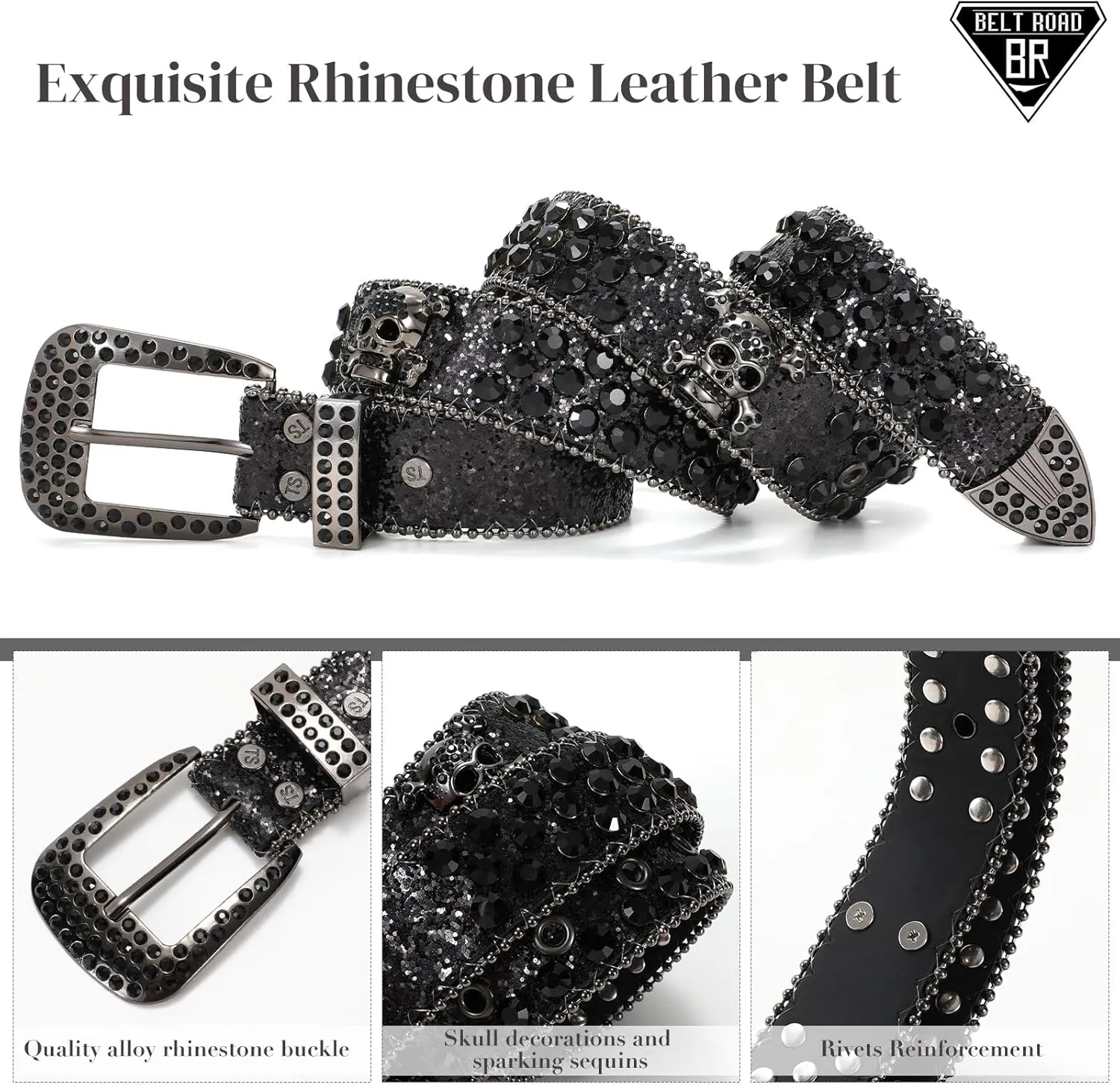 Rhinestone Belt Goth Bling Belts for Women and Men Western Cowboy Cowgirl Belts for Jeans, Halloween Belt