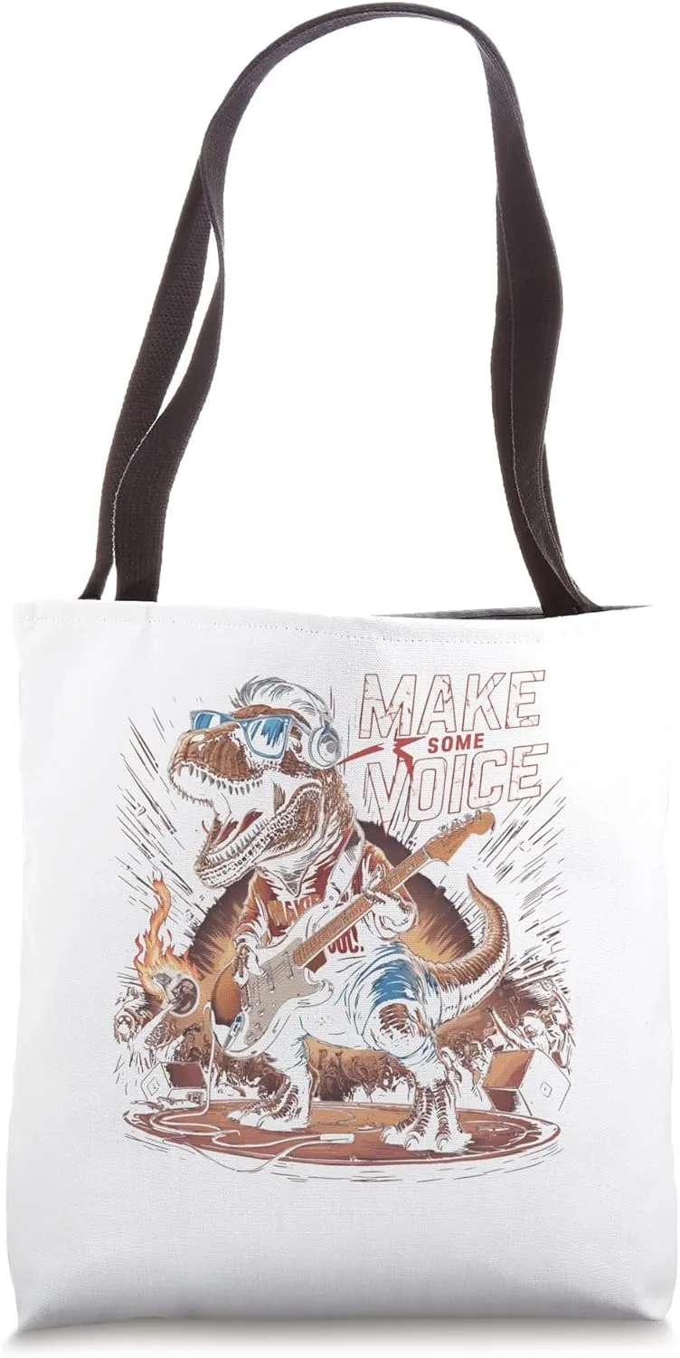 Rock Star Dinosaur Playing Guitar with Cool Headphones Tote Bag