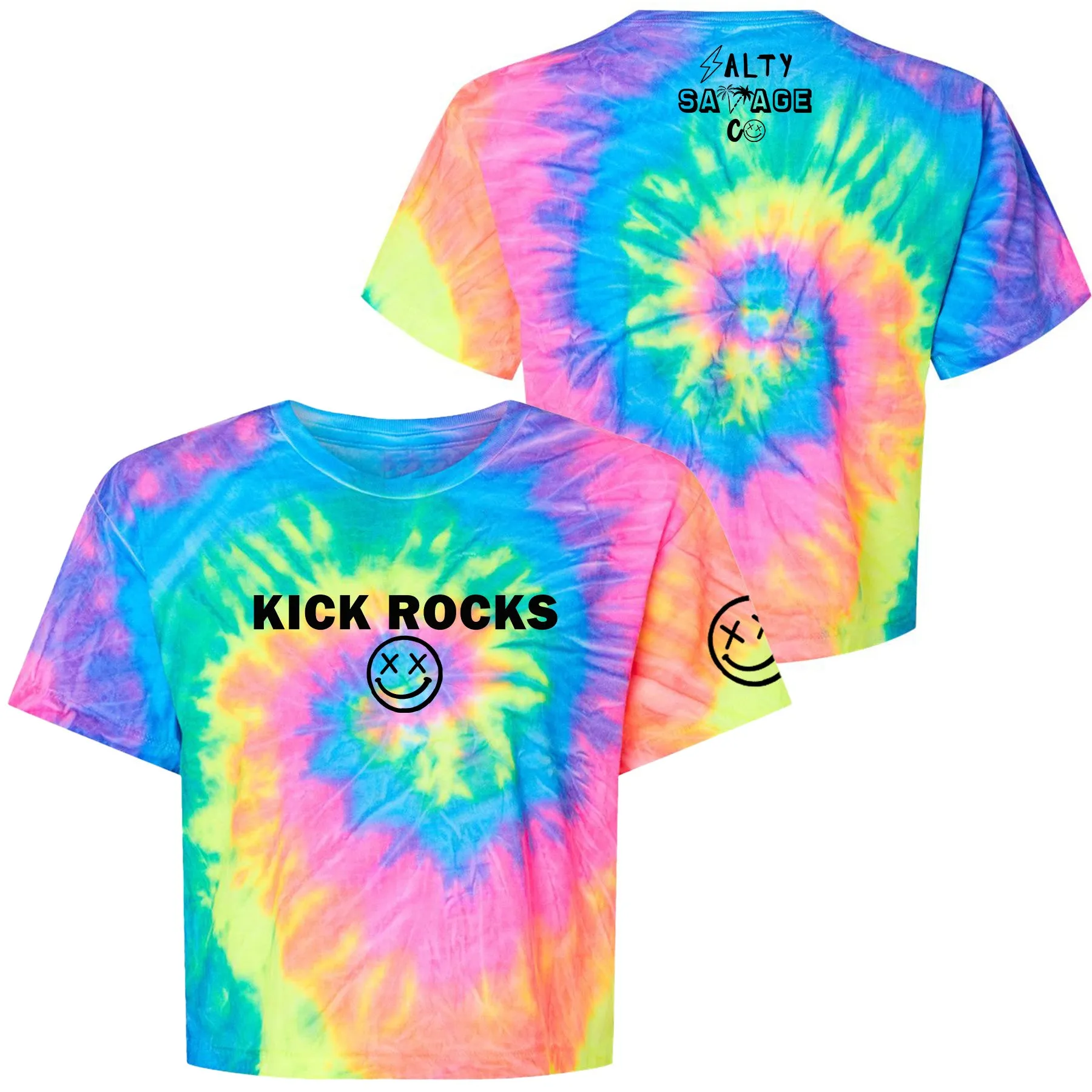 Salty Savage Ladies "KICK ROCKS" Spiral Tie Dye Crop Tee