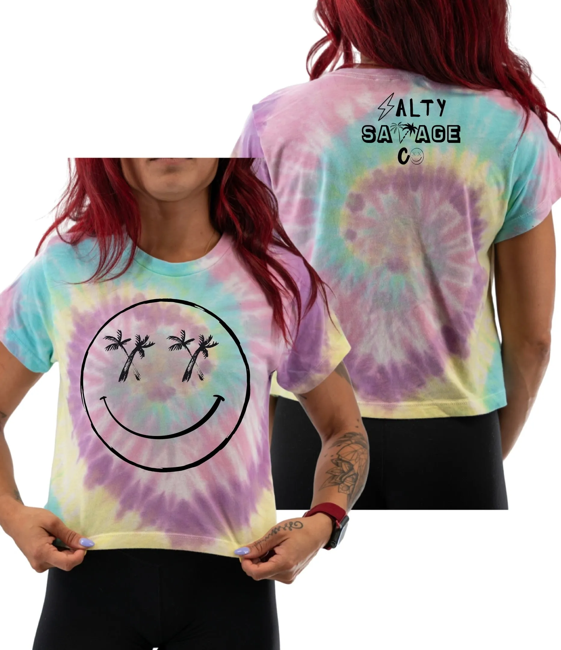 Salty Savage Ladies "Palm Smile” Spiral Tie Dye Crop Tee