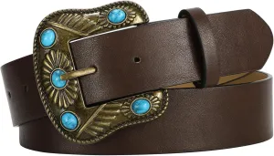 SANSTHS Western Belt For Women, Womens Cowboy Belt For Pants Jeans With Vintage Floral Carved Design