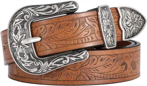 SANSTHS Western Belt For Women, Womens Cowboy Belt For Pants Jeans With Vintage Floral Carved Design