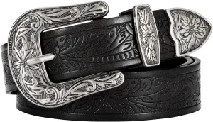 SANSTHS Western Belt For Women, Womens Cowboy Belt For Pants Jeans With Vintage Floral Carved Design