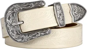 SANSTHS Western Belt For Women, Womens Cowboy Belt For Pants Jeans With Vintage Floral Carved Design