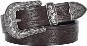 SANSTHS Western Belt For Women, Womens Cowboy Belt For Pants Jeans With Vintage Floral Carved Design