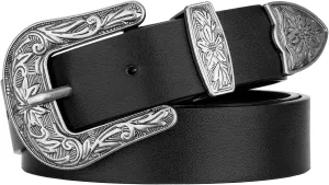 SANSTHS Western Belt For Women, Womens Cowboy Belt For Pants Jeans With Vintage Floral Carved Design