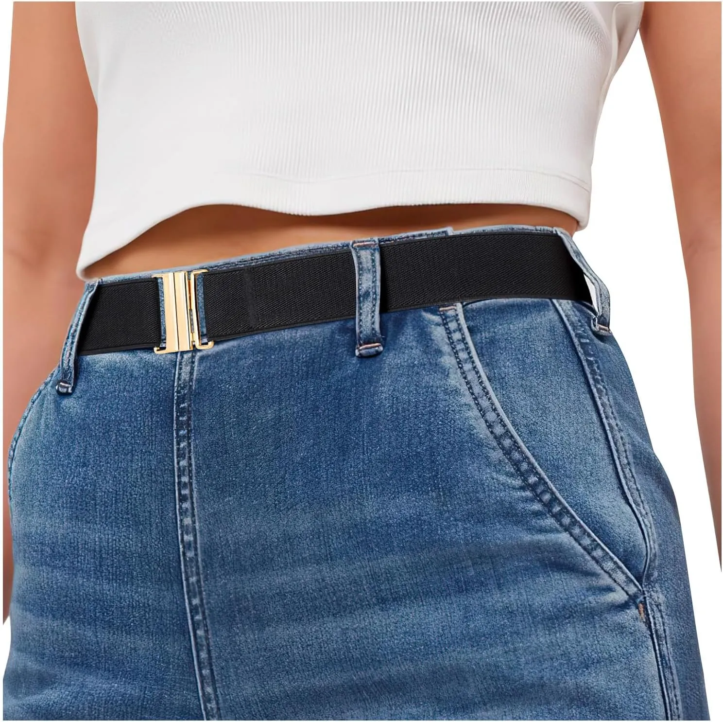 SANSTHS Women Elastic Belts for Jeans No Show Black Stretch belts for women Invisible Flat Buckle Belts Adjustable