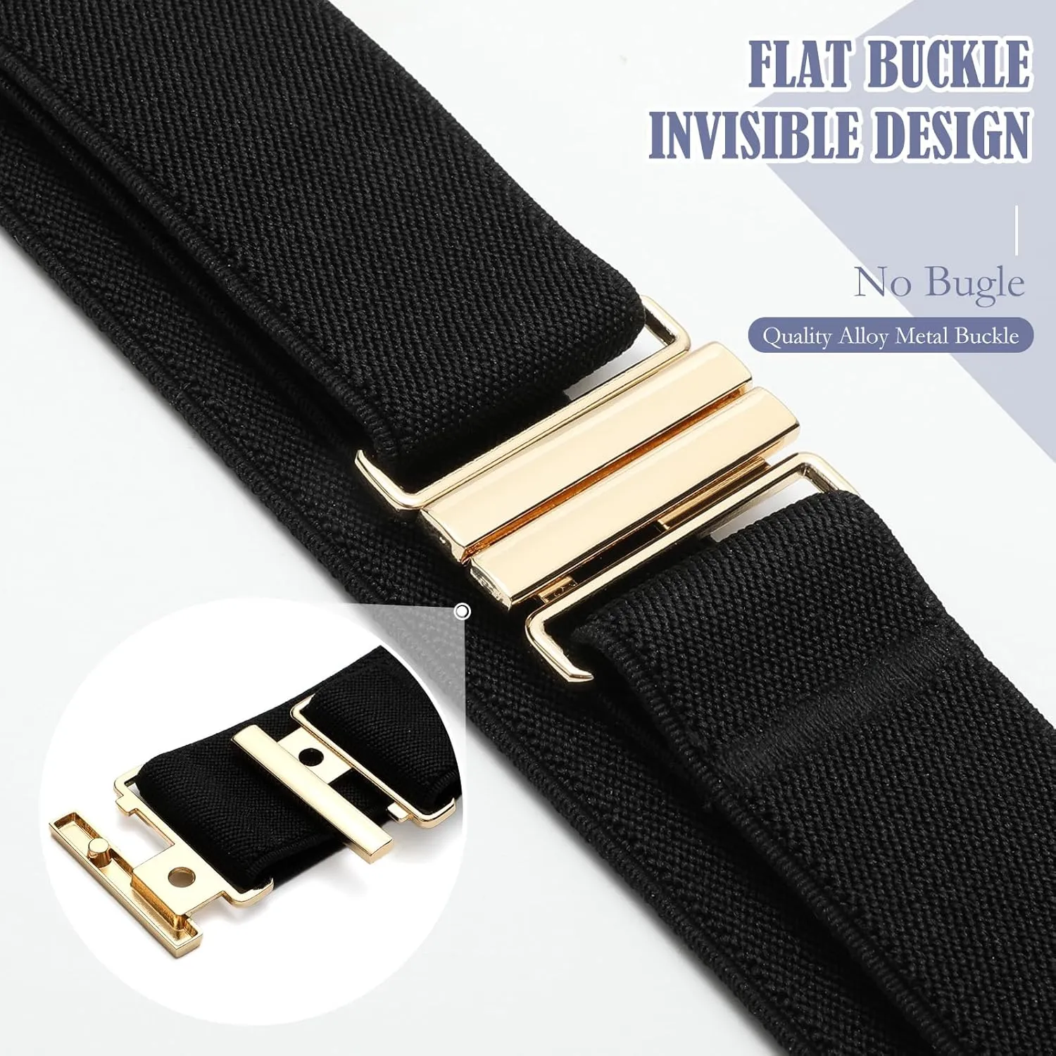 SANSTHS Women Elastic Belts for Jeans No Show Black Stretch belts for women Invisible Flat Buckle Belts Adjustable