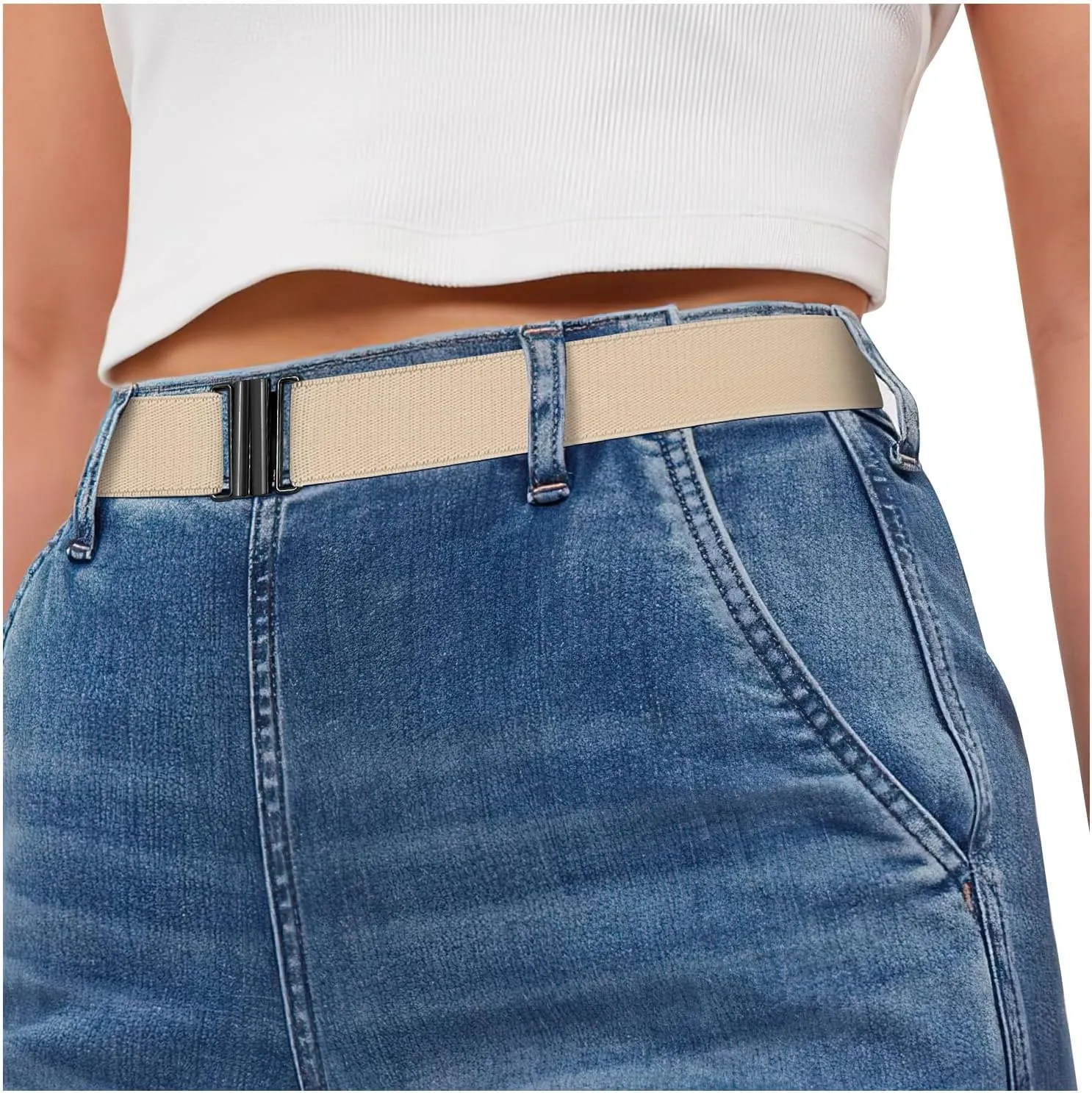 SANSTHS Women Elastic Belts for Jeans No Show Black Stretch belts for women Invisible Flat Buckle Belts Adjustable