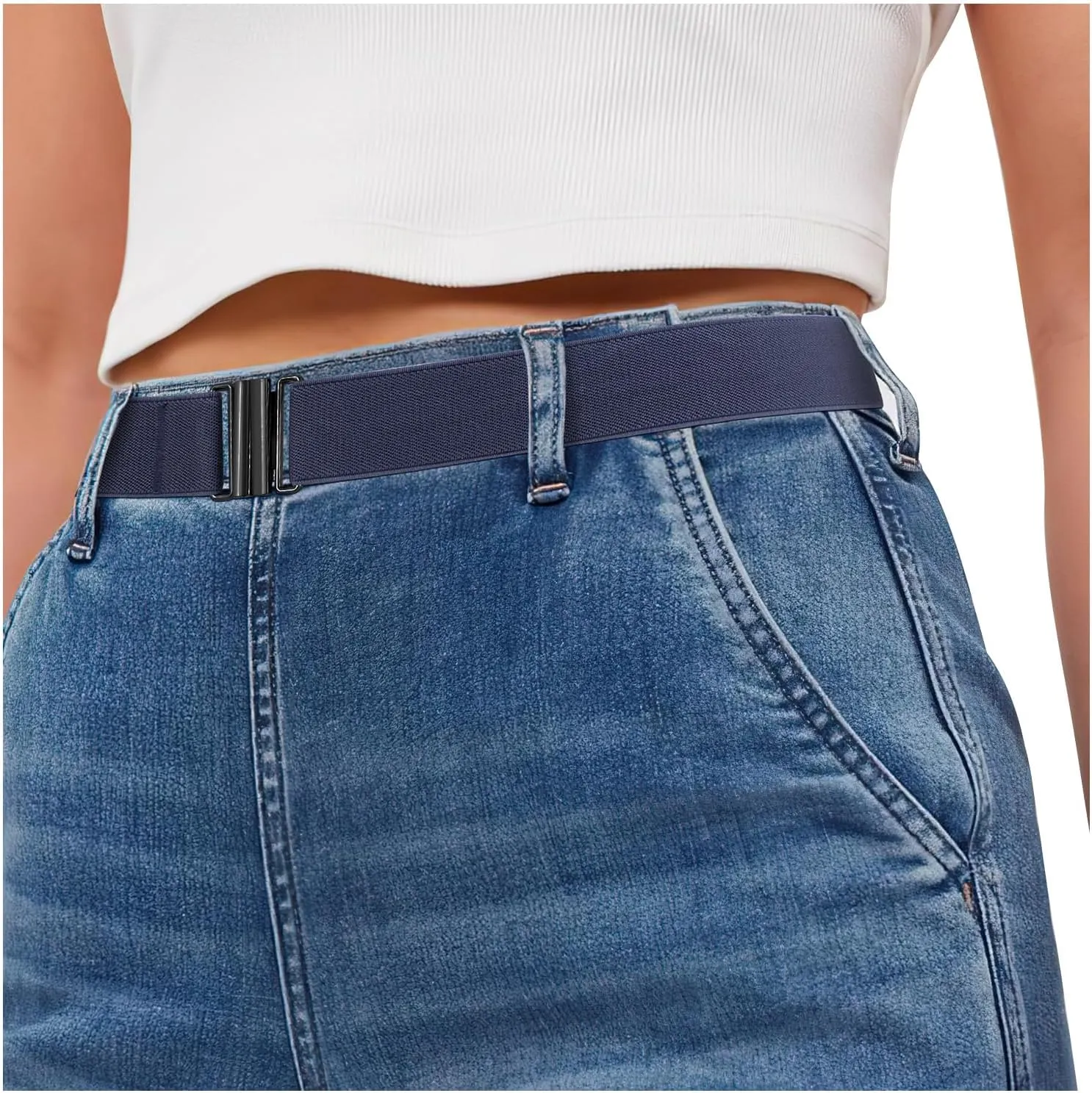 SANSTHS Women Elastic Belts for Jeans No Show Black Stretch belts for women Invisible Flat Buckle Belts Adjustable