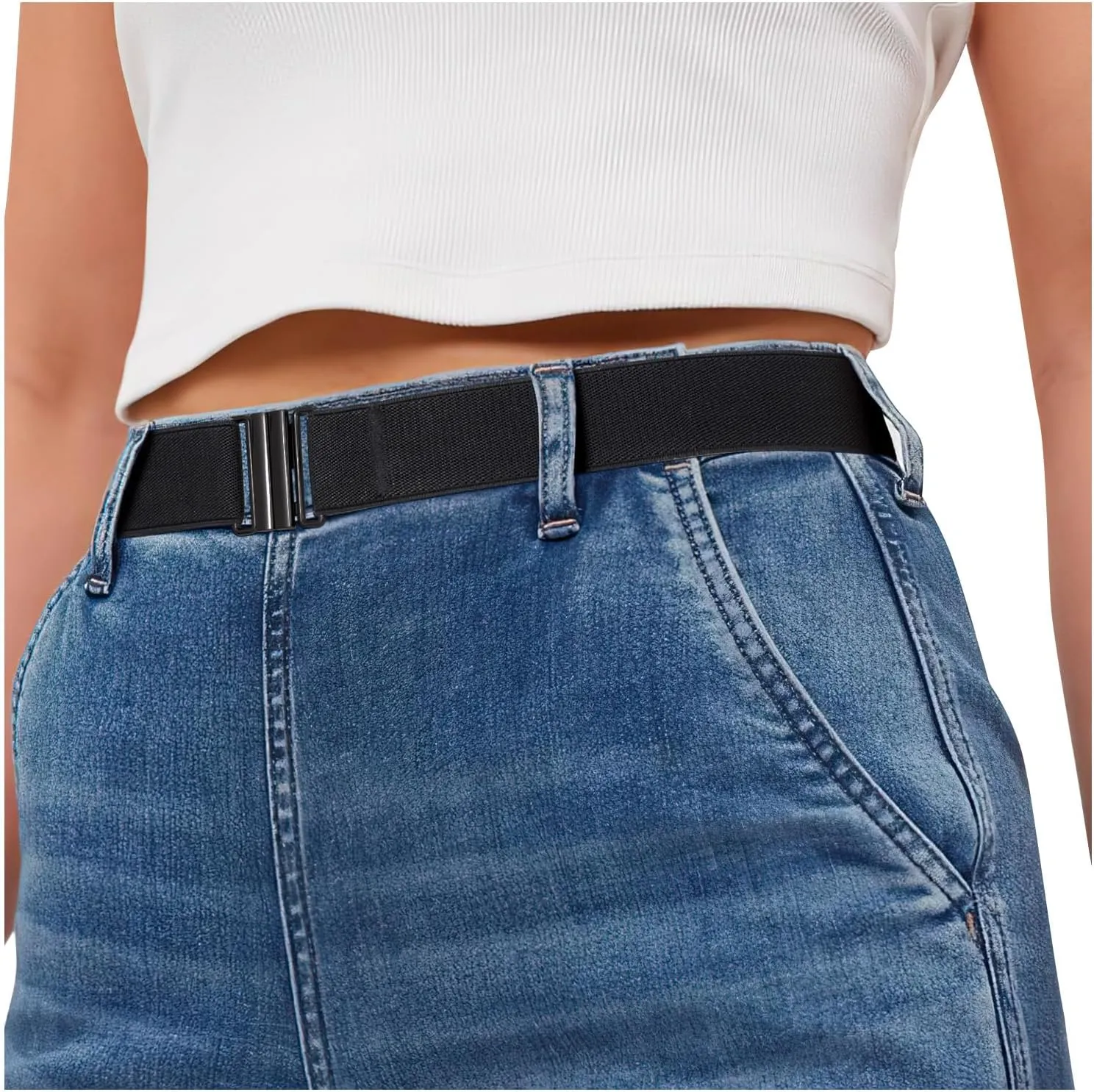SANSTHS Women Elastic Belts for Jeans No Show Black Stretch belts for women Invisible Flat Buckle Belts Adjustable