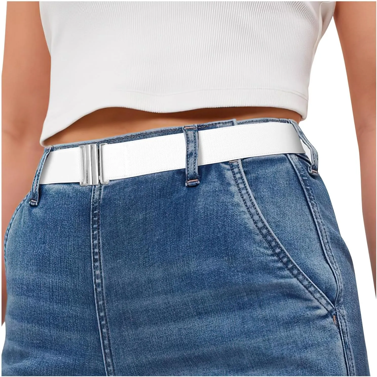 SANSTHS Women Elastic Belts for Jeans No Show Black Stretch belts for women Invisible Flat Buckle Belts Adjustable