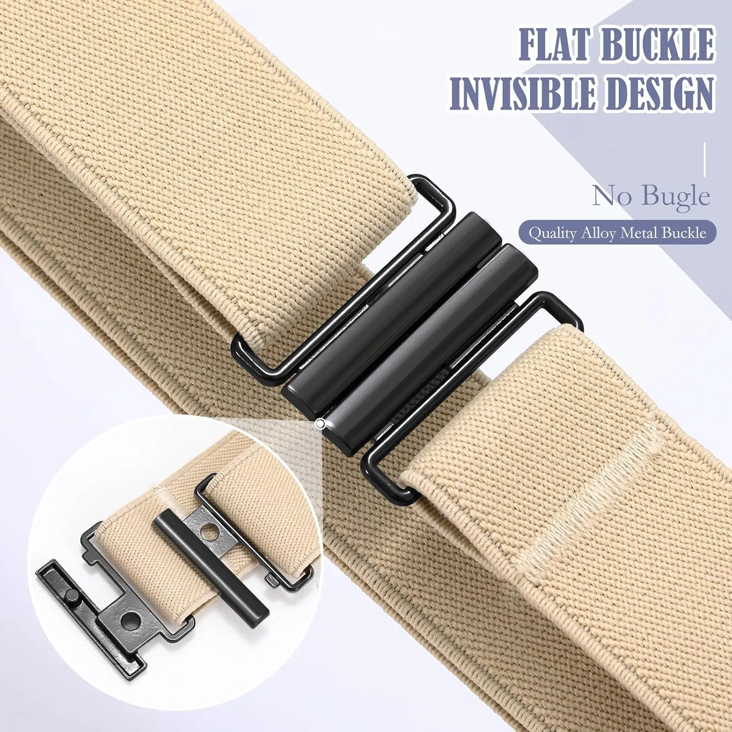 SANSTHS Women Elastic Belts for Jeans No Show Black Stretch belts for women Invisible Flat Buckle Belts Adjustable