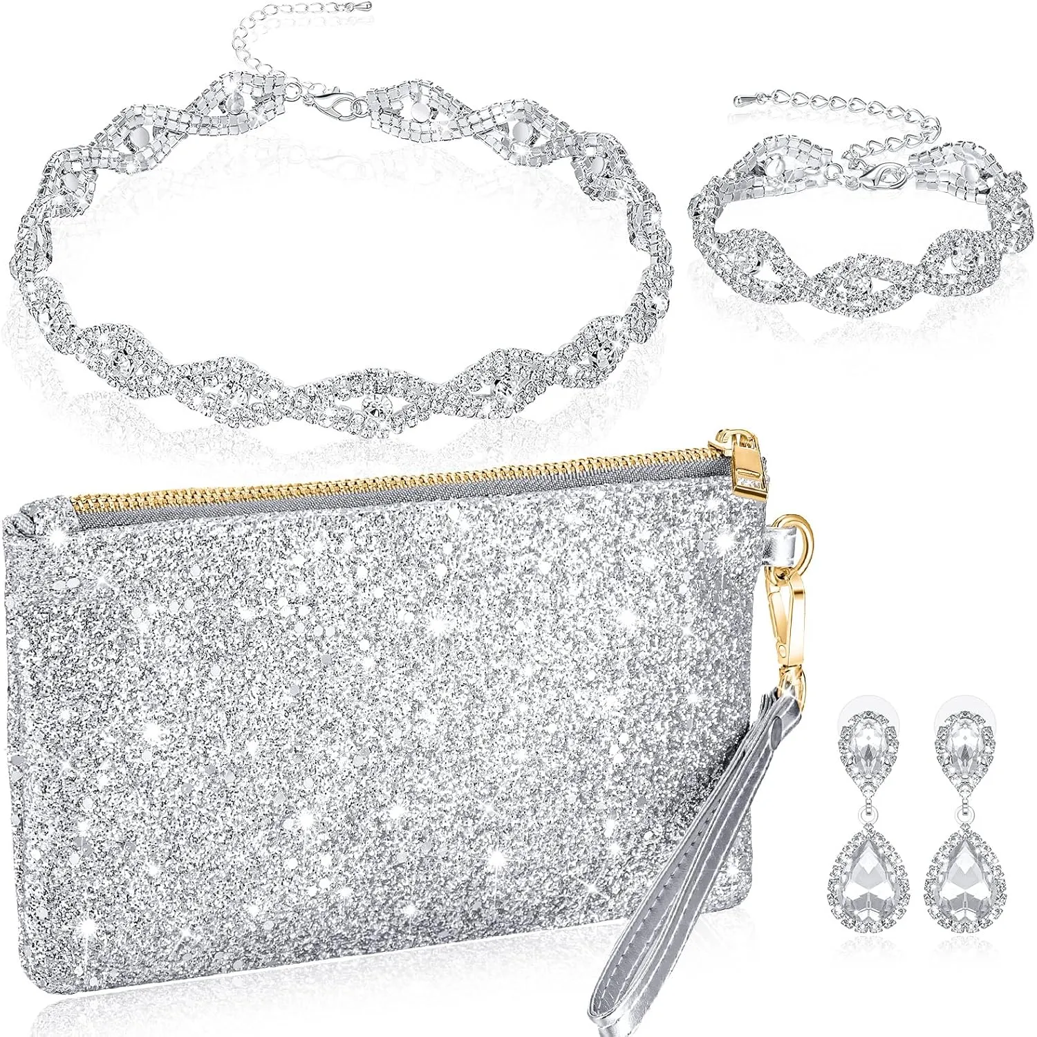 Sanwuta 4 Pcs Silver Clutch Purses Women Evening Rhinestone Jewelry Set Necklace Earrings Bracelet Prom Accessories