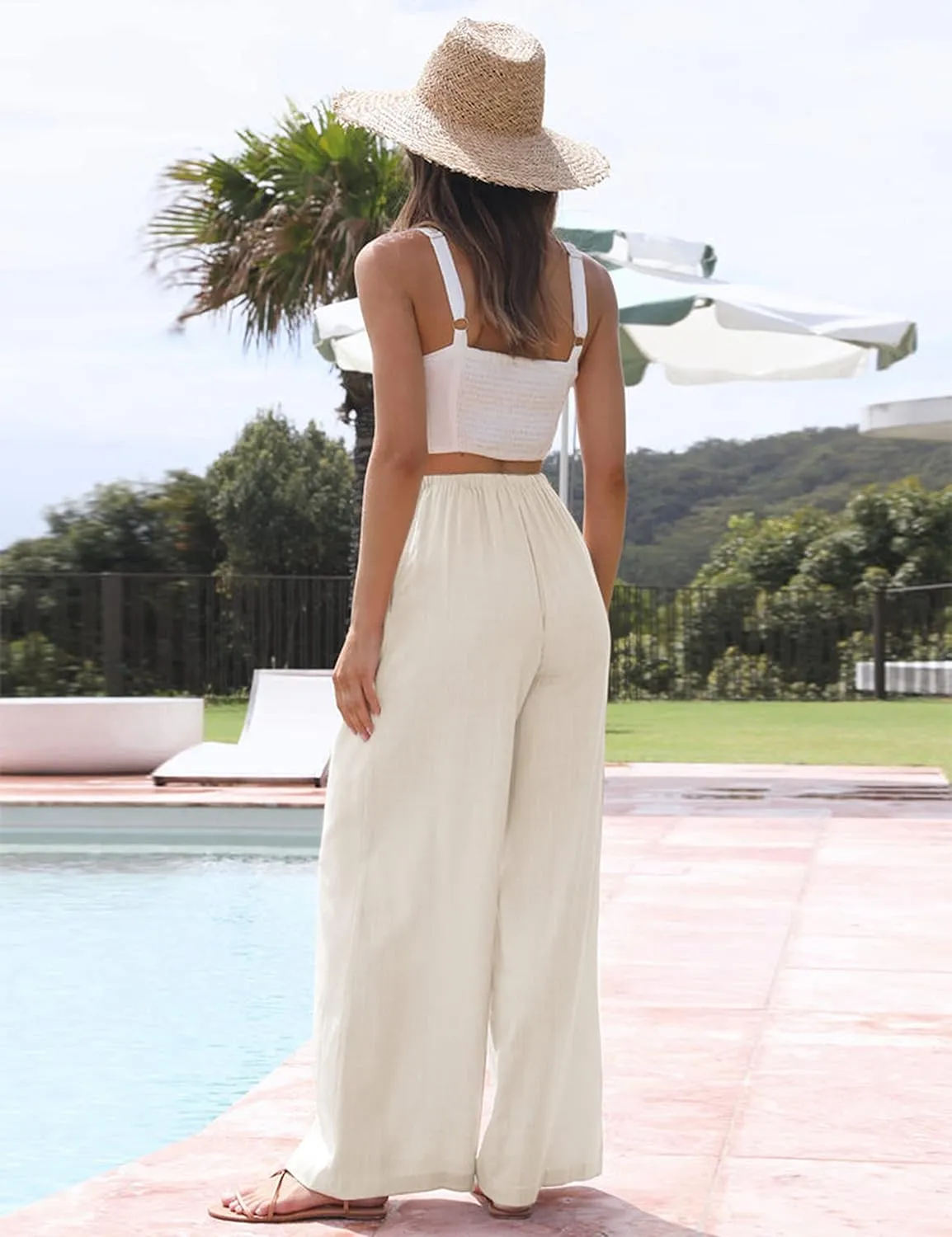 SCUSTY Women's Summer Cotton Linen Wide Leg Pants Drawstring High Waist Palazzo Flowy Beach Trousers with Pockets