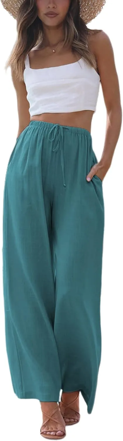 SCUSTY Women's Summer Cotton Linen Wide Leg Pants Drawstring High Waist Palazzo Flowy Beach Trousers with Pockets