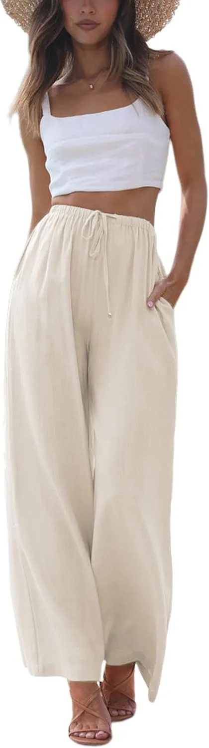 SCUSTY Women's Summer Cotton Linen Wide Leg Pants Drawstring High Waist Palazzo Flowy Beach Trousers with Pockets