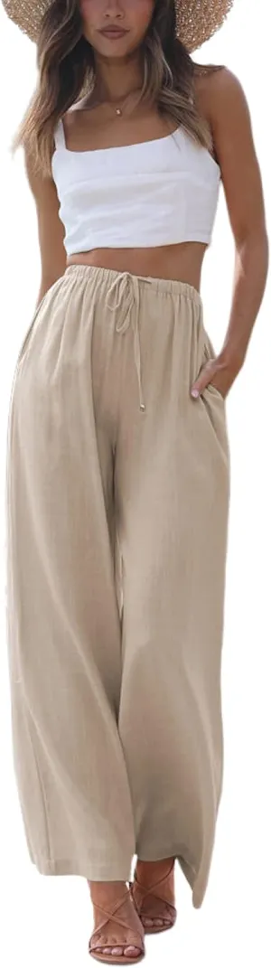 SCUSTY Women's Summer Cotton Linen Wide Leg Pants Drawstring High Waist Palazzo Flowy Beach Trousers with Pockets
