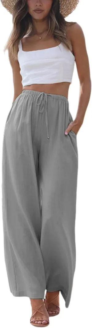 SCUSTY Women's Summer Cotton Linen Wide Leg Pants Drawstring High Waist Palazzo Flowy Beach Trousers with Pockets