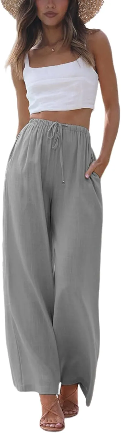 SCUSTY Women's Summer Cotton Linen Wide Leg Pants Drawstring High Waist Palazzo Flowy Beach Trousers with Pockets