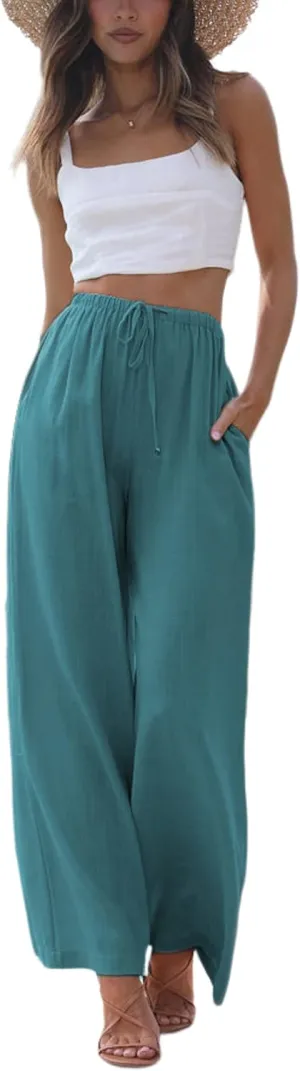 SCUSTY Women's Summer Cotton Linen Wide Leg Pants Drawstring High Waist Palazzo Flowy Beach Trousers with Pockets