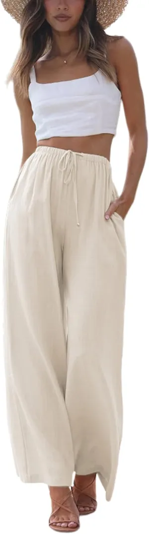 SCUSTY Women's Summer Cotton Linen Wide Leg Pants Drawstring High Waist Palazzo Flowy Beach Trousers with Pockets