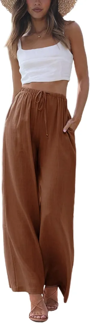 SCUSTY Women's Summer Cotton Linen Wide Leg Pants Drawstring High Waist Palazzo Flowy Beach Trousers with Pockets
