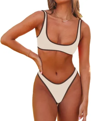 SherryDC Women's Sexy Scoop Neck Bikini Sets Color Block High Cut Thong Brazilian Two Pieces Swimsuit Bathing Suit