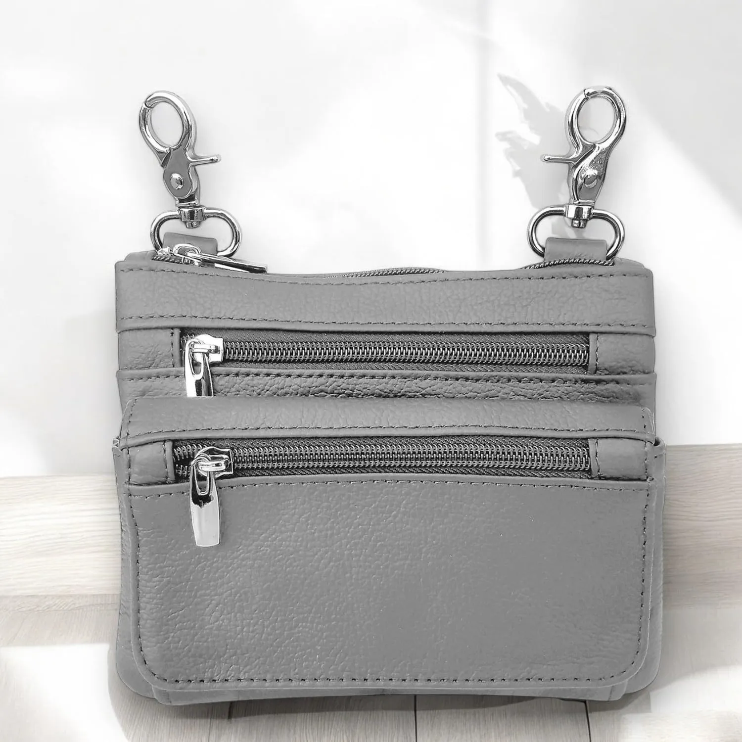 SILVERFEVER Leather Bike Rider Accordion Bag Cross Body Belt Phone Pack Pouch (Gray)