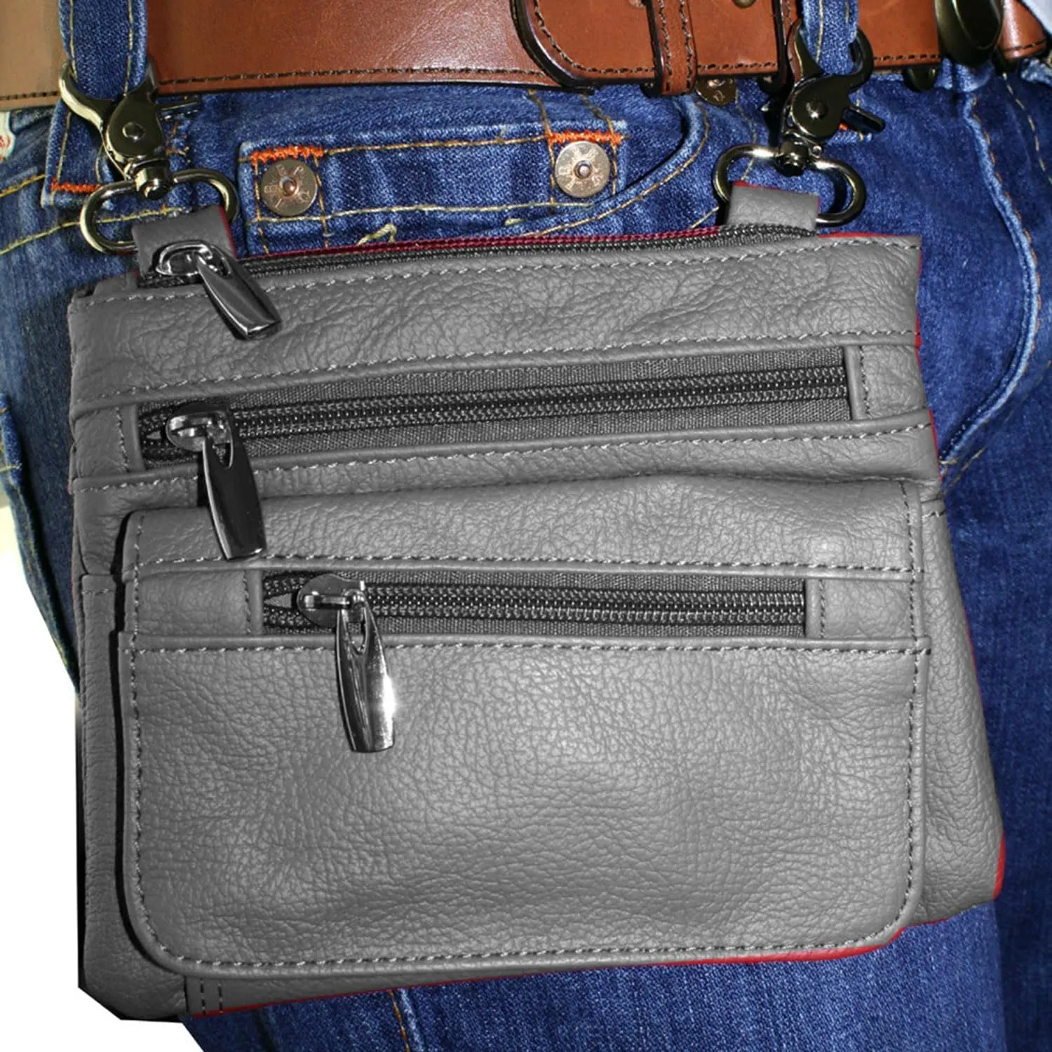 SILVERFEVER Leather Bike Rider Accordion Bag Cross Body Belt Phone Pack Pouch (Gray)