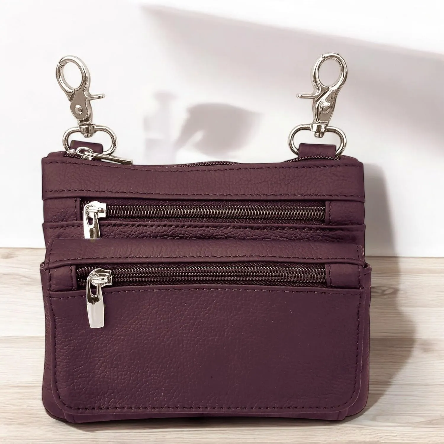 SILVERFEVER Leather Bike Rider Accordion Bag Cross Body Belt Phone Pack Pouch (WINE)