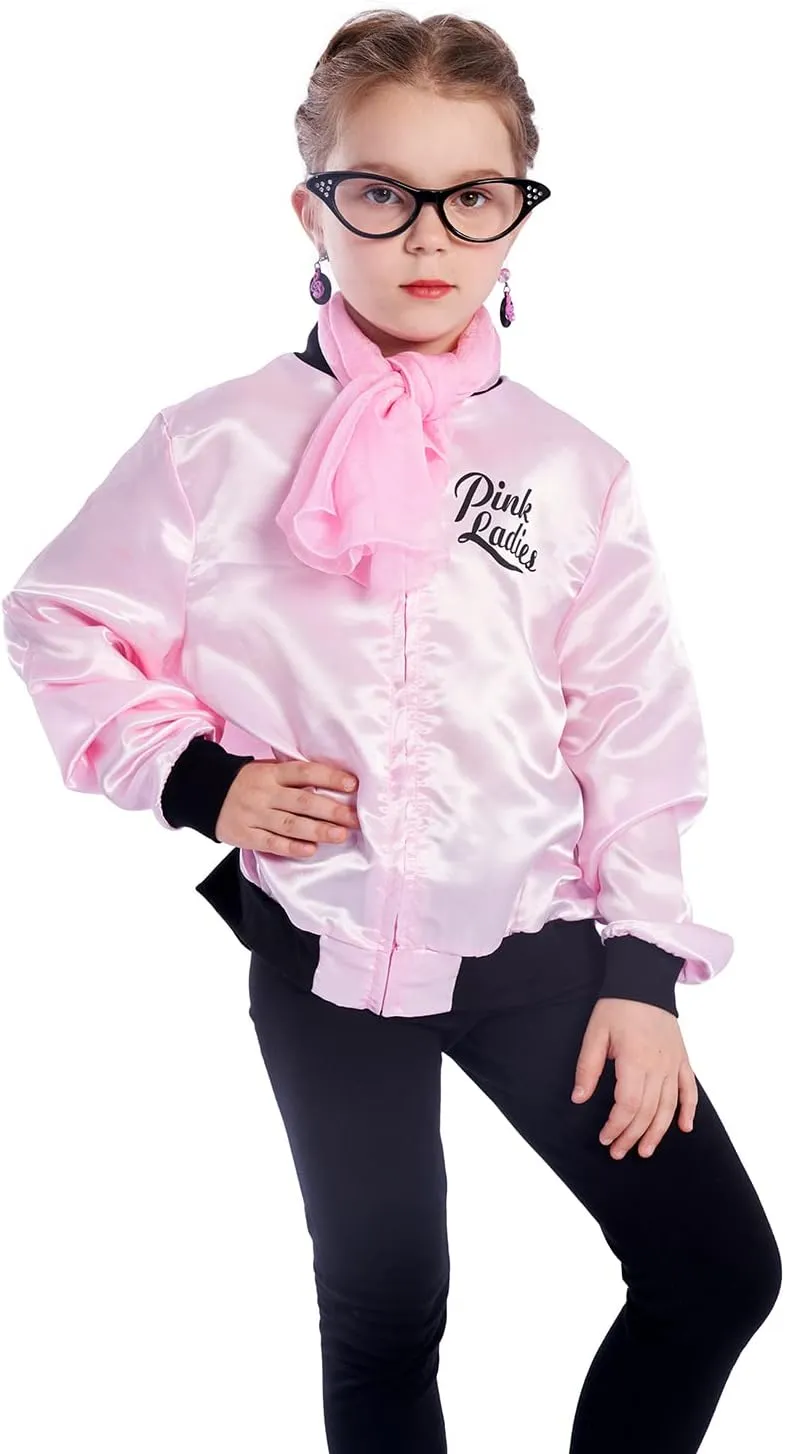 Sincere Party Pink Ladies Grease Jacket Back to the 50s Grease Costume for Girls with Glasses,Scarf,Earrings