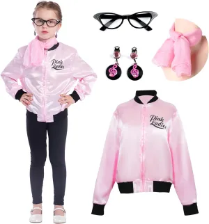 Sincere Party Pink Ladies Grease Jacket Back to the 50s Grease Costume for Girls with Glasses,Scarf,Earrings