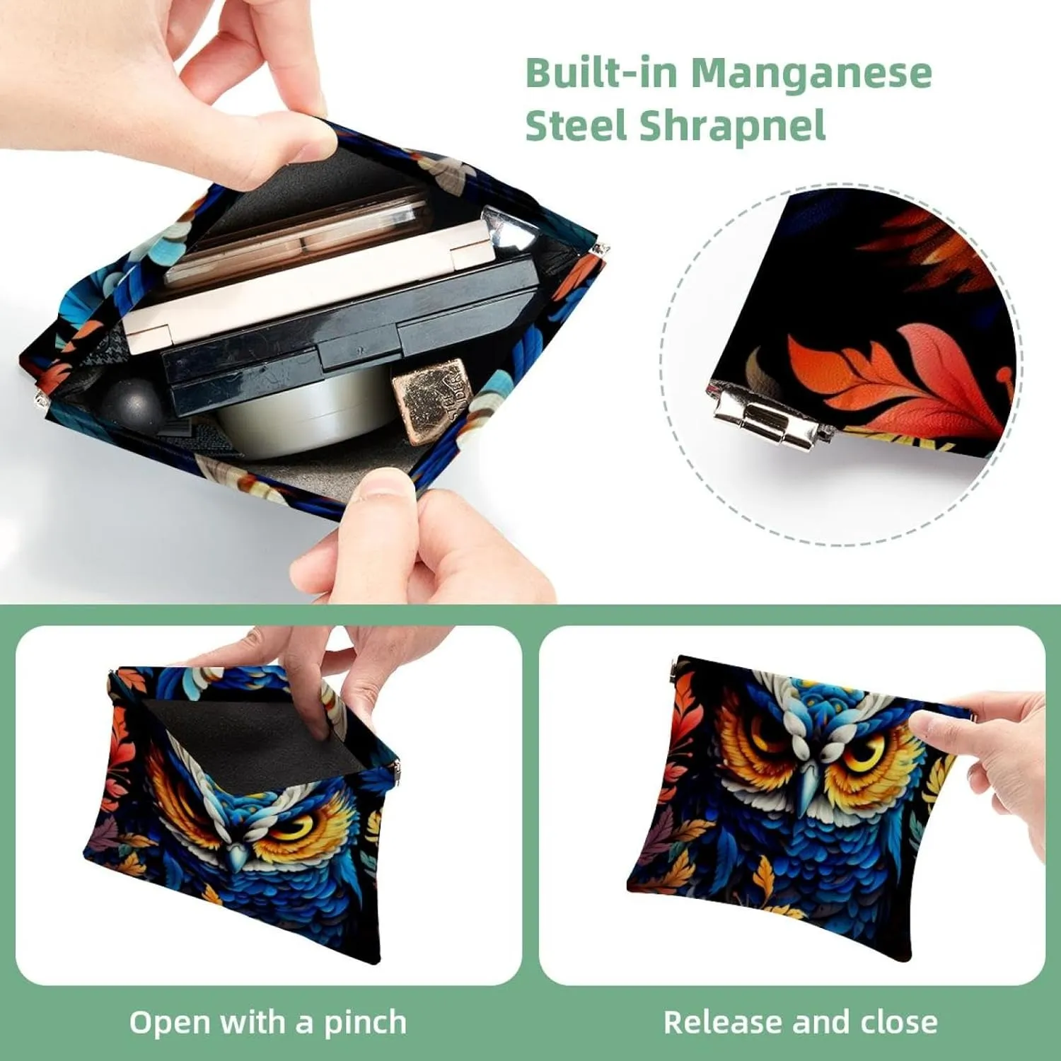 Small Pocket Cosmetic Bag, Squeeze Top Travel Makeup Bag for Purse, No Zipper Self-Closing Mini Makeup Pouch for Women Girls, Aesthetic Owl Night Forest Pattern-203